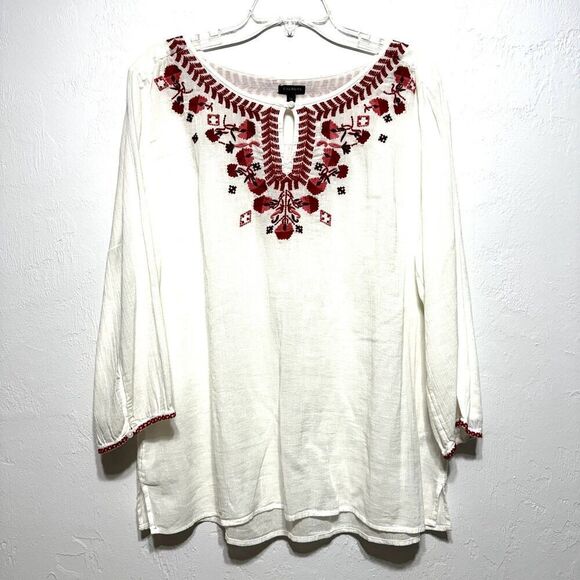 Talbots Embroidered Top White Floral Red Blouse 3/4 Sleeve Women sz Extra Large - Picture 2 of 8